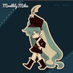 Peut inclure: Illustration d'un personnage de dessin animé aux longs cheveux bleu clair, vêtu d'un uniforme et de bottes de style militaire rouge foncé. Le personnage porte un chapeau rouge foncé avec une étoile blanche et une plume. Le texte "Monthly Miku" et "July 2025" est visible.