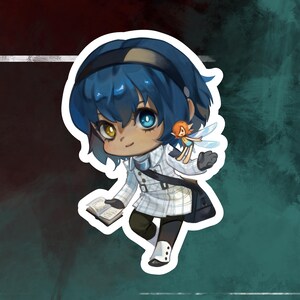May include: A blue-haired chibi character with a white and blue plaid jacket, holding a book and a small fairy with orange hair and wings.