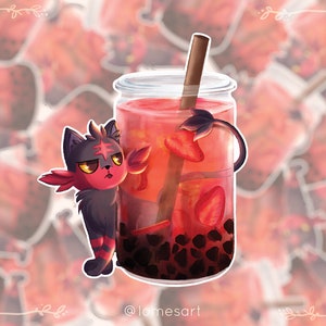 Litten Vinyl Sticker Strawberry Boba Bubble Tea Print Fanart Pokemon Gift Autocollant Stickers Cute Kawaii Pegatinas Flamiaou