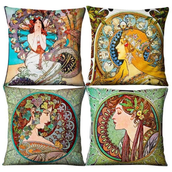 Alphonse Mucha Housses de coussin art vintage Taies d'oreiller 45 x 45 cm, Art nouveau, Décoration d'intérieur, Cadeaux, Soldes, Coussin, Art abstrait