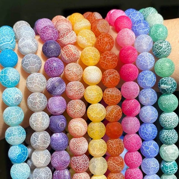 88 pcs Frost Cracked Agate Colorful Round Natural Stone Beads Strands, Dragon Veins, DIY Jewelry Accessories Bracelet Making Supplies