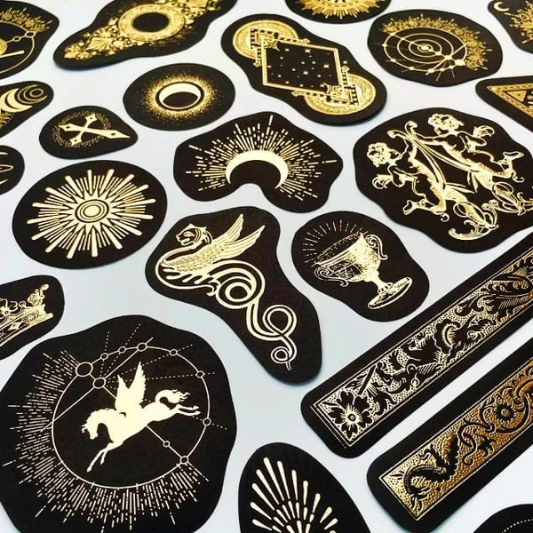 40 pc Constellation Gold Sticker Set, Washi Stickers Celestial, Astrology Zodiac Horoscope, Wicca Pagan Craft Supplies, Sun Moon Star, Decal