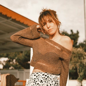 Valerie Top de um ombro, Blusa grande, Blusa de manga comprida, Presente para mulheres, Fio 100% algodão,