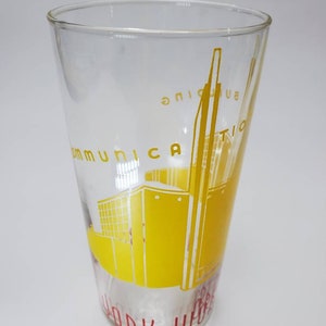 1939 Rare vintage &quot;Communication Building&quot; glass tumbler Art Deco vibrant Yellow Building New York World&#39;s Fair Collectible