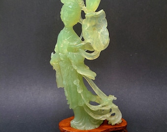 Vintage Chinese Green Jade Figurine With Wooden Base, 7 1/4