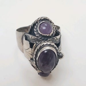 Vintage Taxco sterling silver amethyst poison ring Mexican Art Nouveau jewelry, Adjustable
