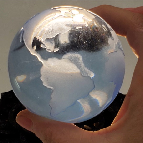 Rare! Blue with silver “Hold World in Palm of your hand Blue Glass World” Paperweight