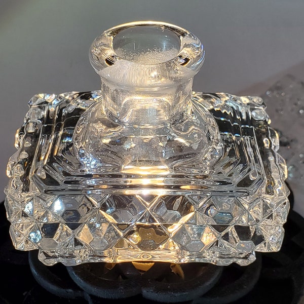 Vintage! Stunning! I. Rice Detailed Diamond Cut Clear Crystal 1930s perfume bottle with unique dominating Czech rectangle crystal stopper