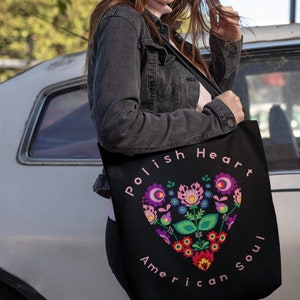 Polish Folklore Tote Bag With Ethnic Pattern, Polish Heart American Soul, Folk Art Florals Tote Bag For Polish Friend, Gift For Polish Mum