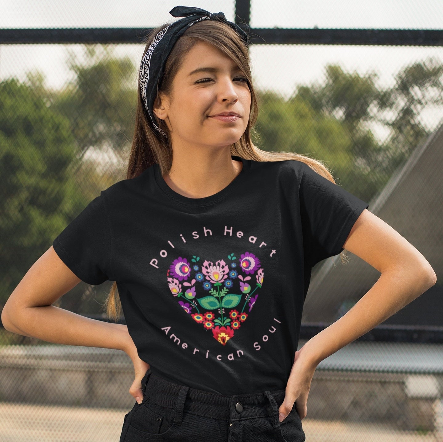 Polish Heart American Soul Polish Folklore Short-Sleeve T-Shirt, Polish Heritage, Folk Art T-shirt Gift For Polish Friend, Polish Culture