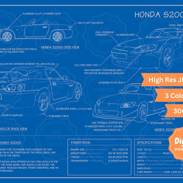 Honda S2000 Blueprint Poster, Wall Art, Gift for Boyfriend - JPEG Digital File