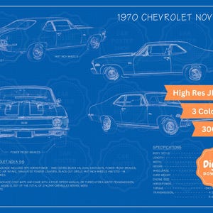 Peut inclure: Illustration de style plan d'une Chevrolet Nova SS de 1970. L'image montre la voiture sous différents angles, y compris une vue de face, une vue de côté et une vue arrière. L'image comprend également du texte avec les spécifications de la voiture, telles que la taille du moteur, la puissance et la transmission.
