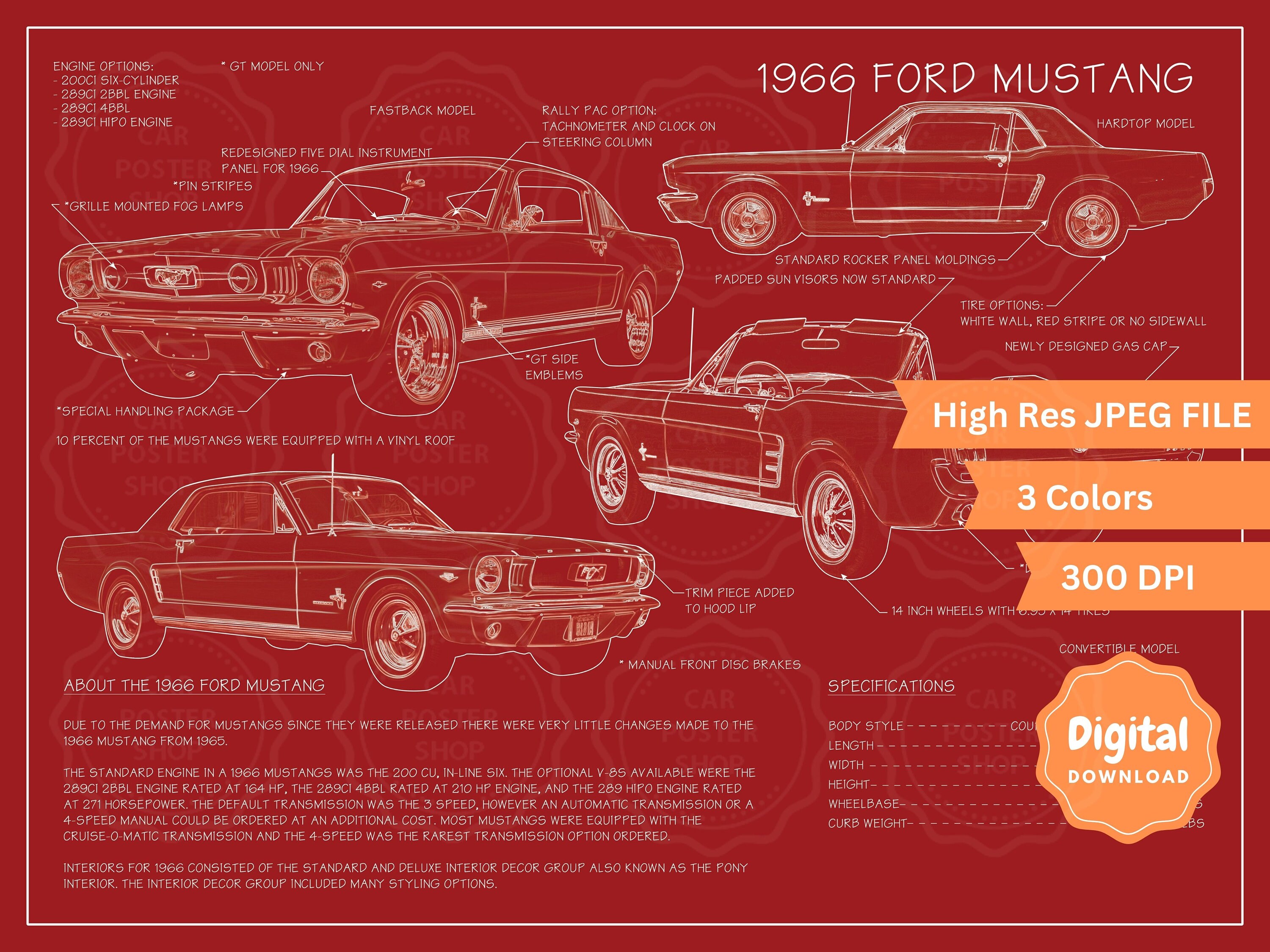 1966 Mustang Blueprint Poster, Digital Download, High Quality JPEG