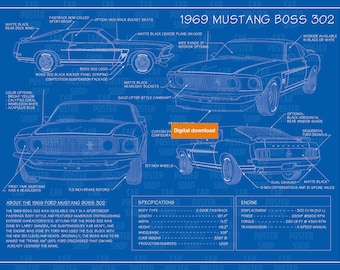 Ford Mustang Boss 302 (1969) Blueprint Poster, Printable Wall Art, Print Download, Gift for Him, Digital Download