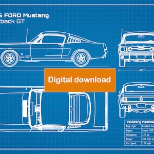 1966 Ford Mustang Fastback GT blueprint poster 18&quot;x24&quot; (JPEG image file)