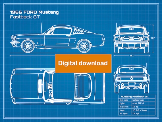 1966 Ford Mustang GT Blueprint Youth T-Shirt - Classic American Muscle Car Tee For Kids - View #3