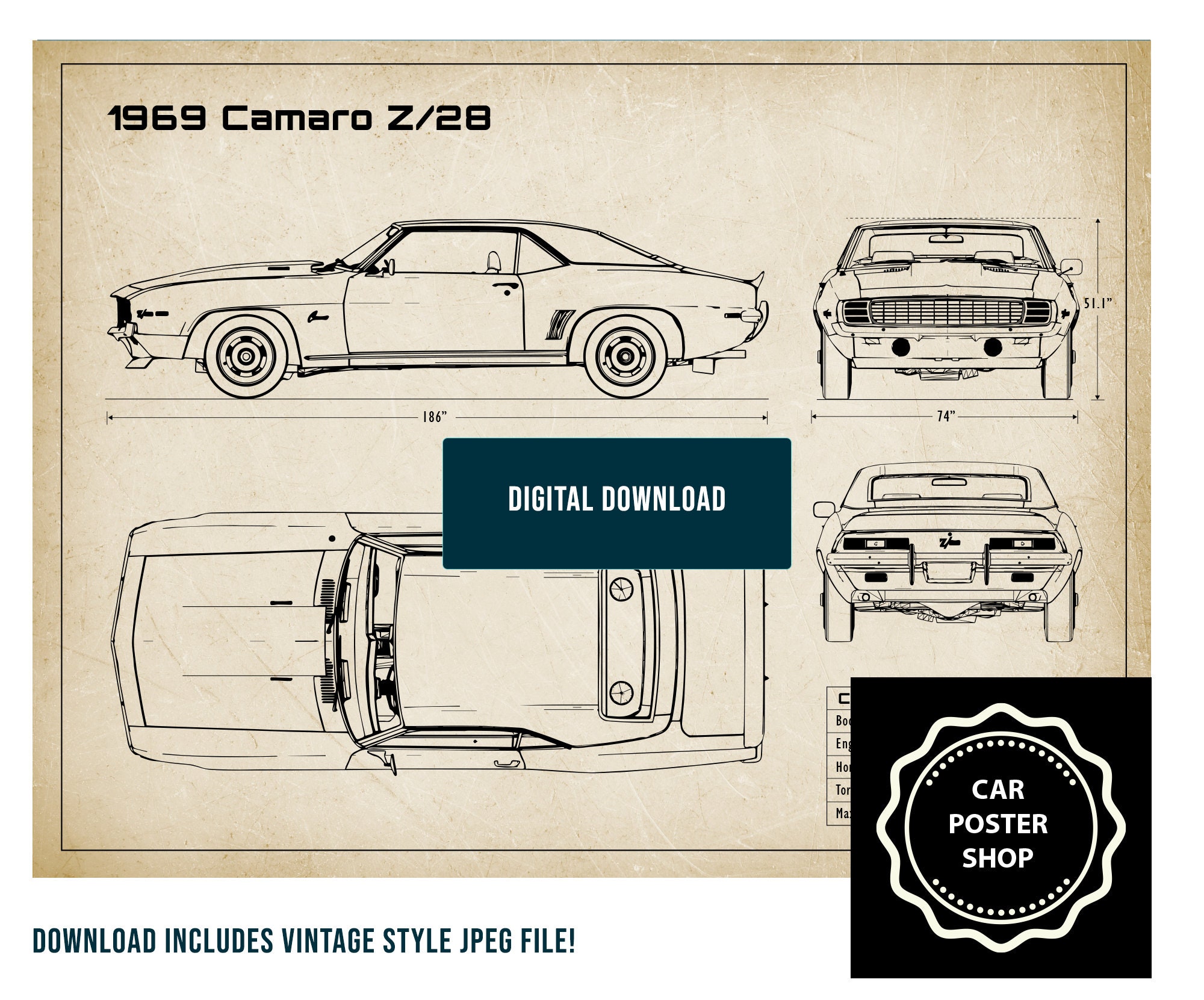 1969 Chevrolet Camaro Z/28 blueprint poster 18