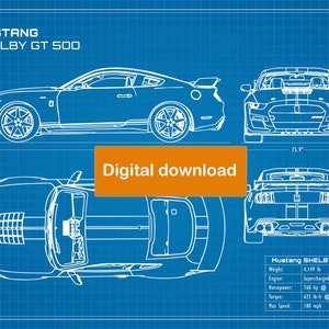 2020 Mustang Shelby GT500 blueprint poster 18&quot;x24&quot; (JPEG image file)