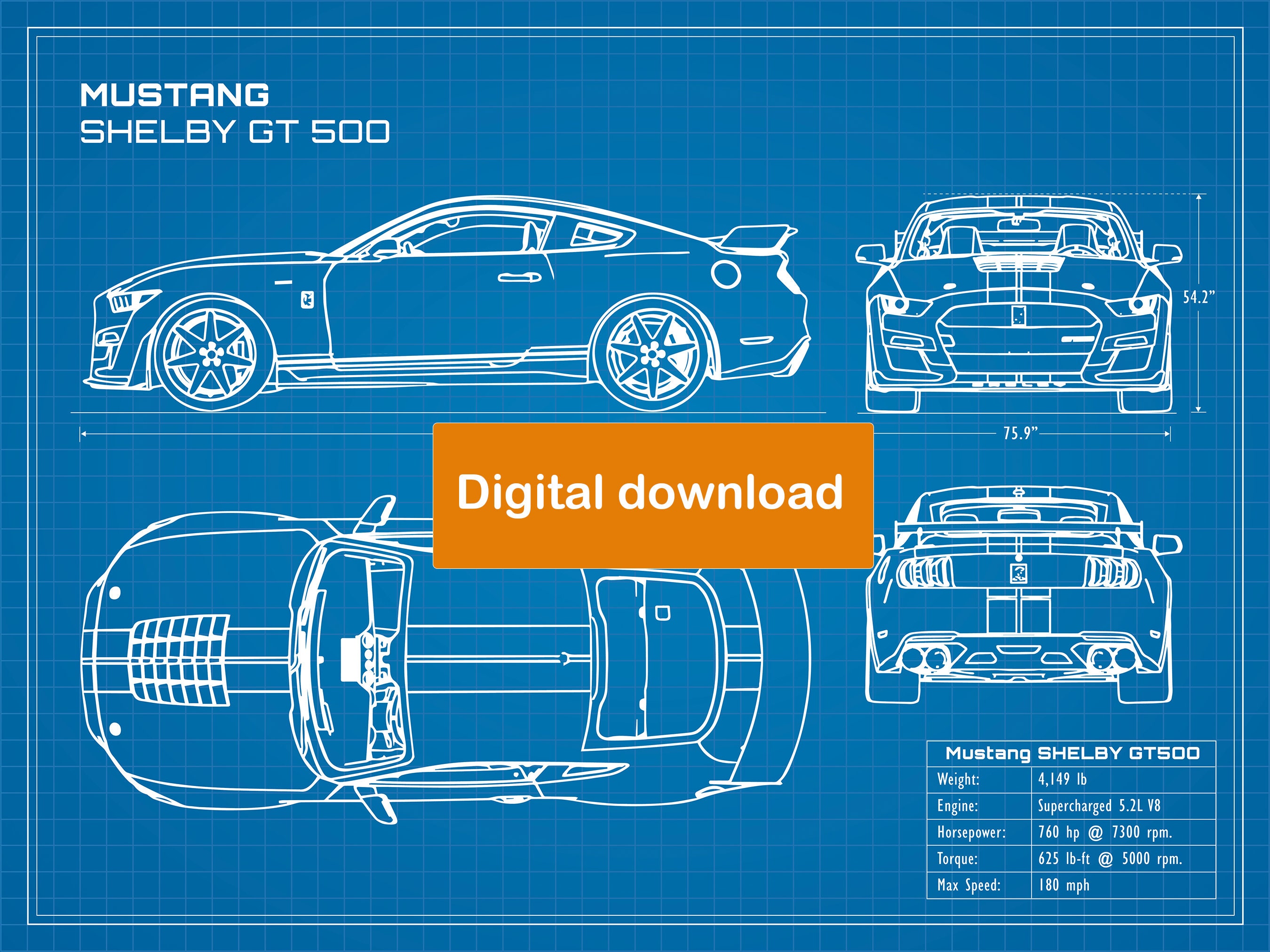 2020 Mustang Shelby GT500 Blueprint Poster 18x24 JPEG Image File - Etsy