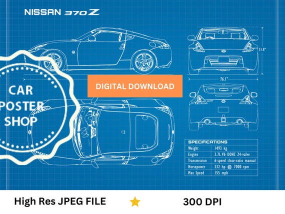 Nissan 370z Blueprint Poster, Digital Download JPEG, Printable