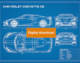 2020 Chevrolet Corvette C8 blueprint poster art 18"x24" (archivo de imagen JPEG), archivo digital