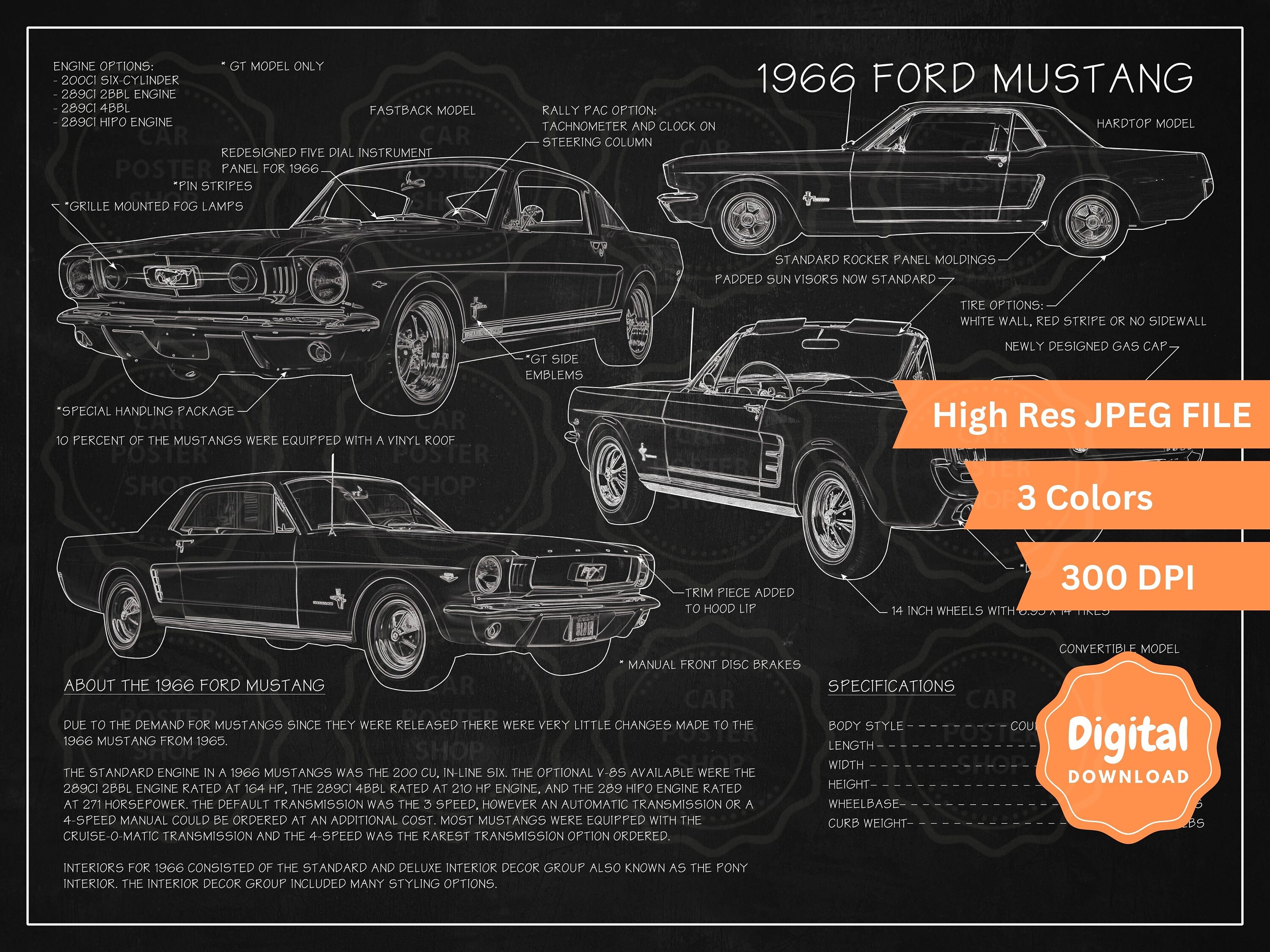 1966 Mustang Blueprint Poster, Digital Download, High Quality JPEG