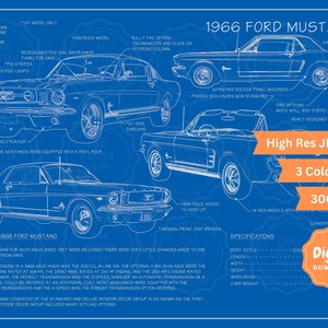 Póster con planos del Mustang 1966, descarga digital, JPEG de alta calidad