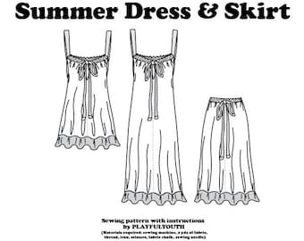 Könnte beinhalten: Eine Schwarzweiß-Zeichnung eines Schnittmusters für ein Sommerkleid und einen Rock. Das Schnittmuster enthält Anweisungen zum Nähen der Kleidungsstücke. Der Text "Summer Dress & Skirt" befindet sich oben im Bild. Der Text "Sewing pattern with instructions by PLAYFULYOUTH" befindet sich unten im Bild.