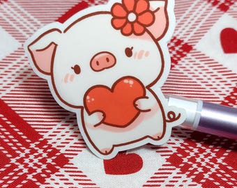 Cute Valentine's Pig Holding a Heart Vinyl Sticker | Waterproof Water-resistant | Kawaii, for planners, water bottles, laptops, farm animals