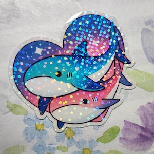 Kawaii Galaxy Whale Shark Couple Sticker ~ Cute Waterproof/Water-resistant Vinyl Sticker for planners, decals, laptops and water bottles