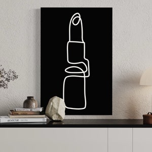 Cartel de una línea de lápiz labial, cartel de maquillaje, arte de pared en blanco y negro, impresión de arte de dibujo de línea blanca, lápiz labial de arte lineal, regalo para ella