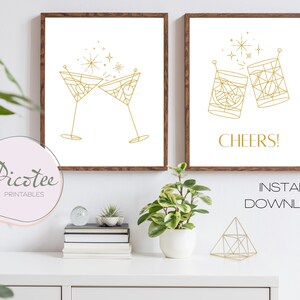 Wydrukuj Cheers | Sztuka ścienna w stylu art déco na kieliszkach do koktajli | Wydrukowany prezent na uroczystość dla partnera do picia | Natychmiastowe pobranie | Dekoracja pokoju gier