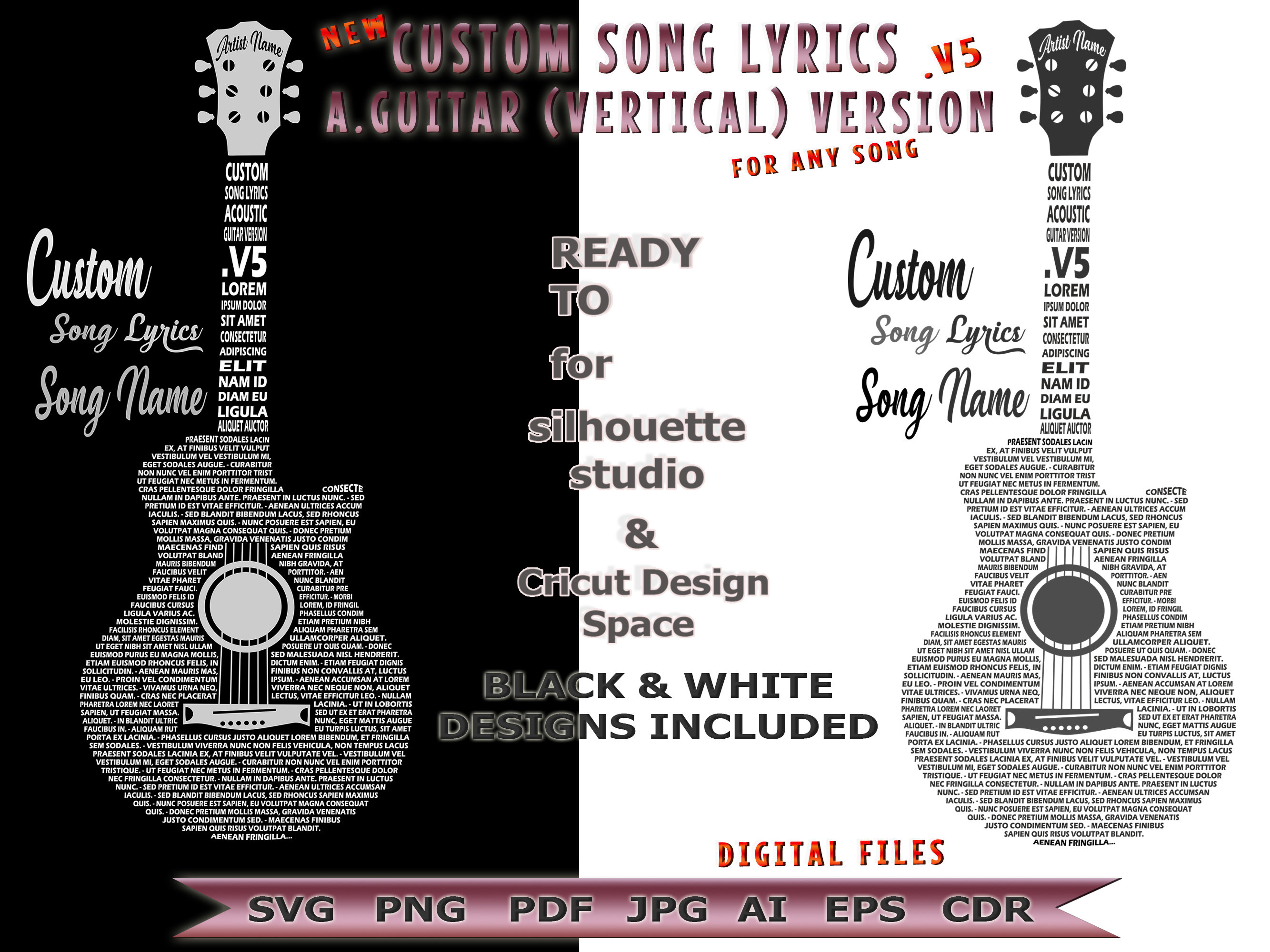 Custom Song Lyrics Acoustic Guitar Vertical Version V5 Cricut Svg 