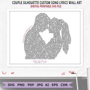 Couple Silhouette Custom Any Song Lyrics Print SVG, Anniversary Gift Digital Files, Wedding Song Wall Art imagen 10