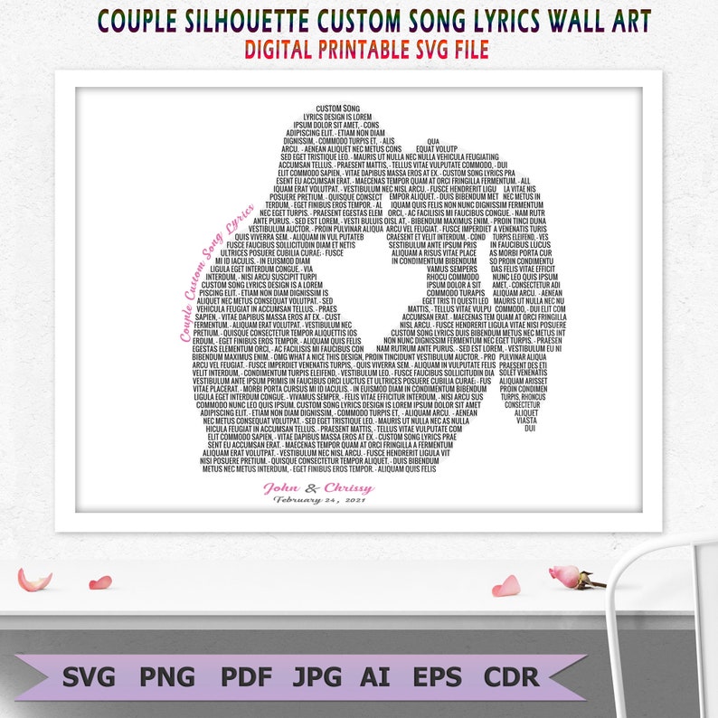Couple Silhouette Custom Any Song Lyrics Print SVG, Anniversary Gift Digital Files, Wedding Song Wall Art imagen 10