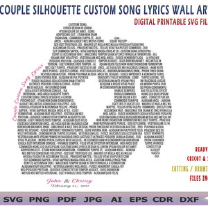 Puede incluir: Un archivo SVG imprimible digital de una silueta de pareja hecha con letras de canciones. La silueta tiene la forma de un coraz&oacute;n. Las letras est&aacute;n en un degradado de rosa, azul y morado. El texto "Couple Custom Song Lyrics" est&aacute; escrito en rosa en el lado izquierdo de la imagen. El texto "John & Chrissy February 24, 2021" est&aacute; escrito en negro en la parte inferior de la imagen. El texto "Ready to Use Cricut & Silhouette Cutting/Drawing/Engraving Files Included" est&aacute; escrito en negro en la parte inferior derecha de la imagen.