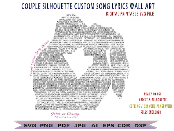 Couple Silhouette Custom Any Song Lyrics Print SVG,  Anniversary Gift Digital Files, Wedding Song Wall Art