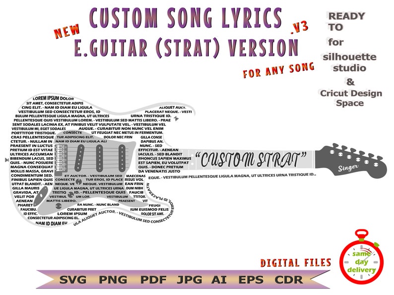 Custom Song Lyrics Electric Guitar Strat Version .v3 Any Song Lyrics Song Lyrics SVG image 1