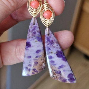 Hand-woven earrings of natural Sodalite and vibrant pink Coral, with stainless steel earwires