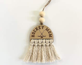 Car Charm, Hockey Mom, Macrame Car Ornament, Rearview Mirror Charm