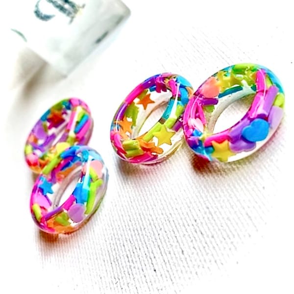 Vibrant 90’s Ryssa Frank Colorful Faux Candy Sprinkles Stars, Hearts, and Other Shapes | 90’s Rainbow Style Resin Ring