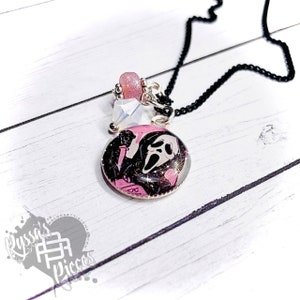 Pink Phone Ghost Guy Necklace, Sparkly Color Shift, Scary Movie Face, Horror Lover Jewelry, Black Chain & Swarovski Crystals Resin Pendant