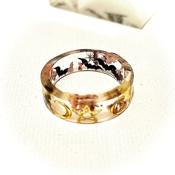 Golden Triple Moon Goddess V1 Flat Stacking Resin Ring, Tiny Colorful Flowers Bats Butterflies Moons Pentacle Wicca Witchy