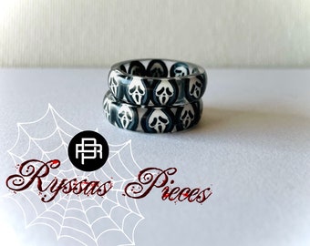 Scary Movies Face Acrylic Resin Ring | Stackable Ring | Horror Movie Fan Gift | Unisex Ring | Clear Band | Black White & Gray Polymer Clay