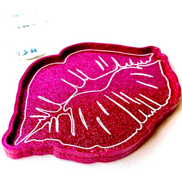 Magenta Pink Lipstick Kisses | Jewelry Tray or Ring Dish | Lisa Frank Inspired | Magenta Glitter Glossy | Lip Shape Tray