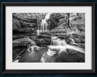 Scaleber Force, Waterfall in the Yorkshire Dales, Northern England.  Black and white, landscape photography print.