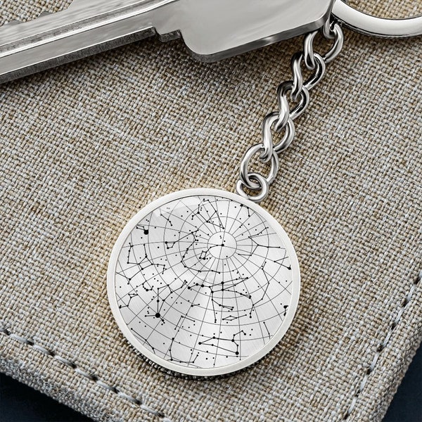 Personalized Celestial Night Sky Circle Pendant Keychain Silver and Gold, Unique Gift