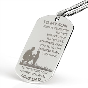 To My Son Braver Smarter Stronger Engraved Dog Tag Chain, Gift From Dad to Son, Birthday Holiday Christmas Graduation Gift, Silver Gold