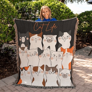 Cat Life Heirloom Woven Throw Blanket, Cotton Throw Blanket for Home, Couch Blanket, Bed Blanket, Cat Wall Tapestry, Dorm Room Decor