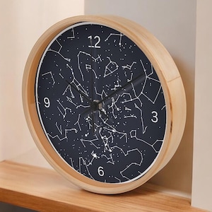May include: A round wooden clock with a dark blue face featuring a white constellation design. The clock has black hands and white numerals at the 3, 6, 9, and 12 o'clock positions. The clock is resting on a wooden shelf.
